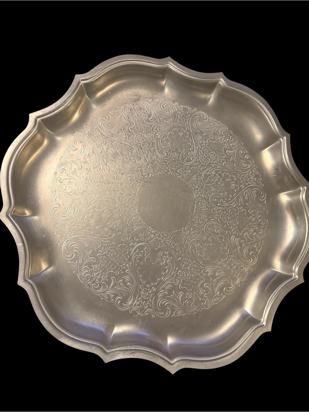 Vintage Silver‑Tone Scalloped Tray – Floral Embossed Mid‑Century
